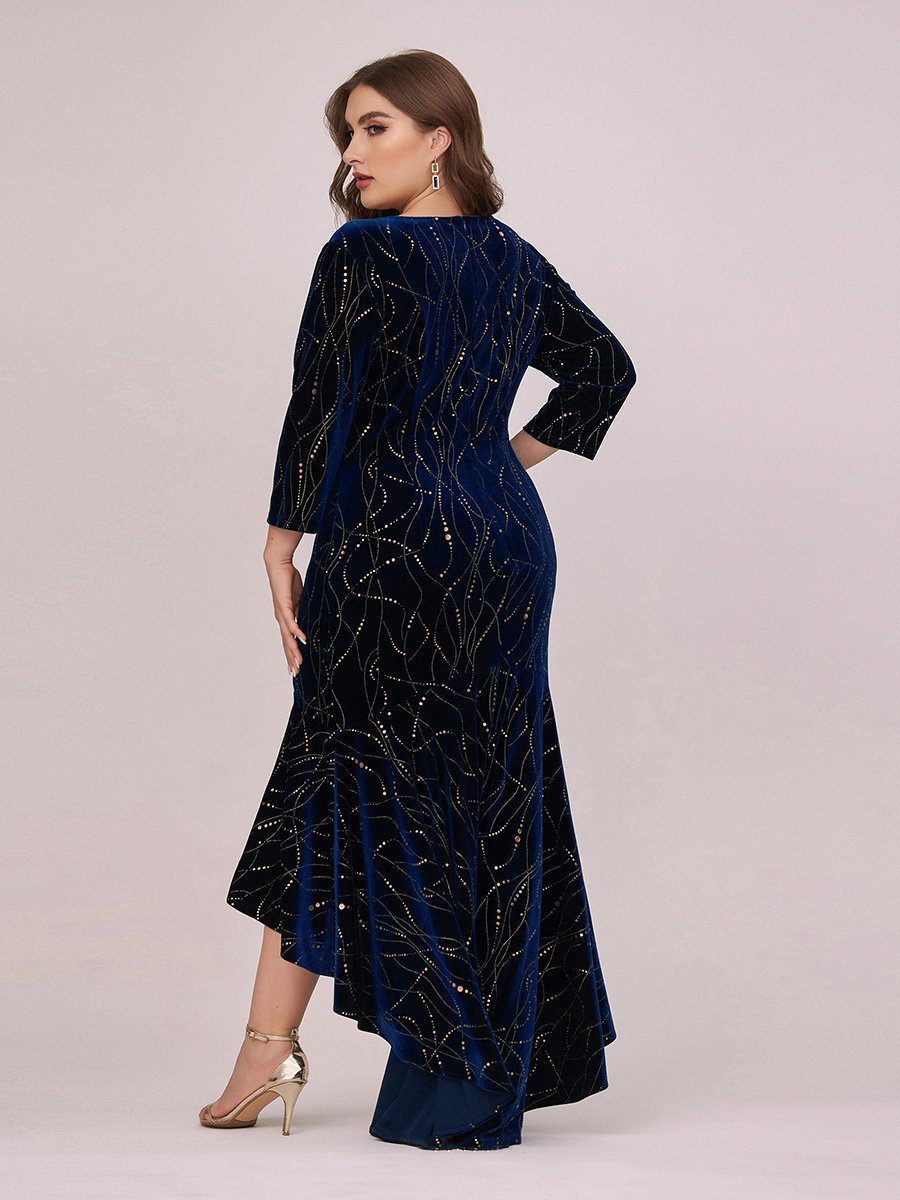 Color=Navy Blue | Elegant Plus Size Bodycon High-Low Velvet Party Dress-Navy Blue 4