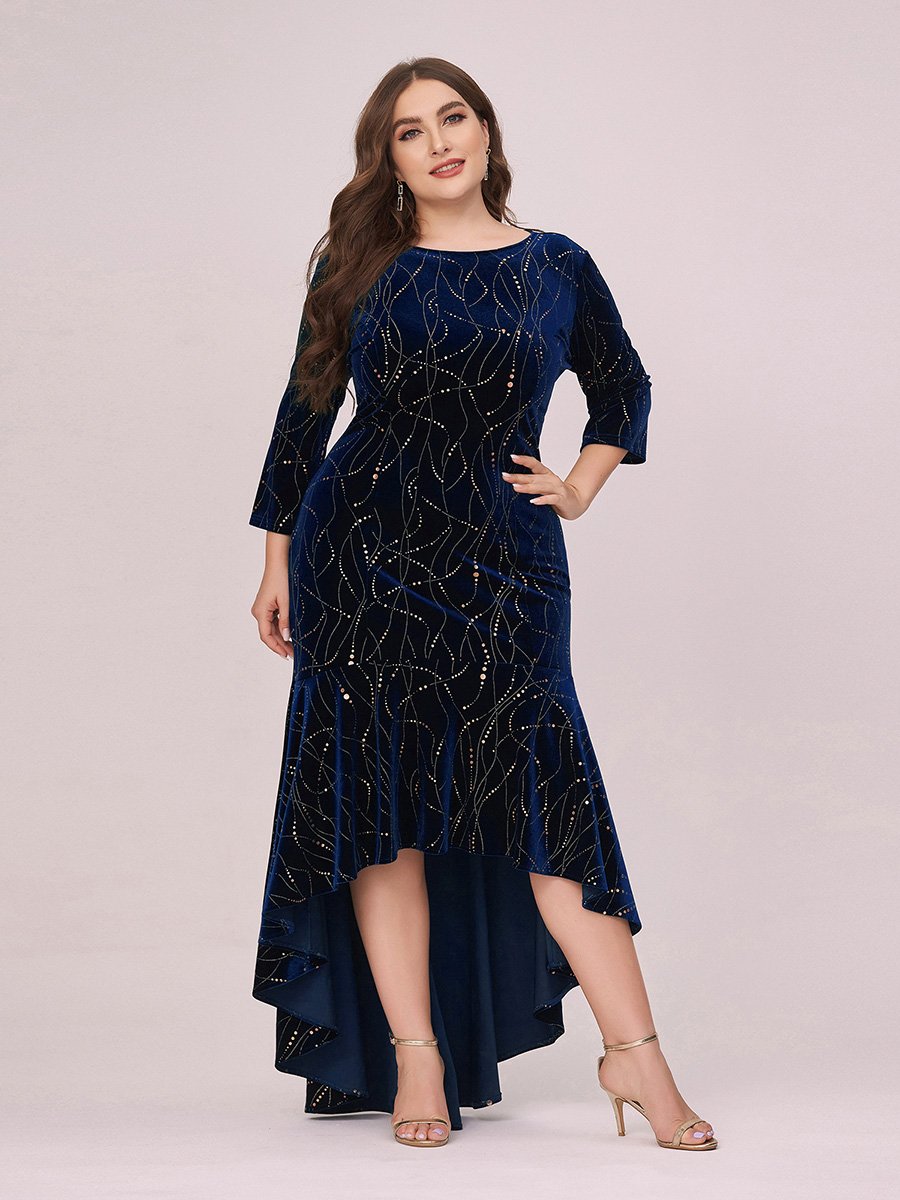 Color=Navy Blue | Elegant Plus Size Bodycon High-Low Velvet Party Dress-Navy Blue 4