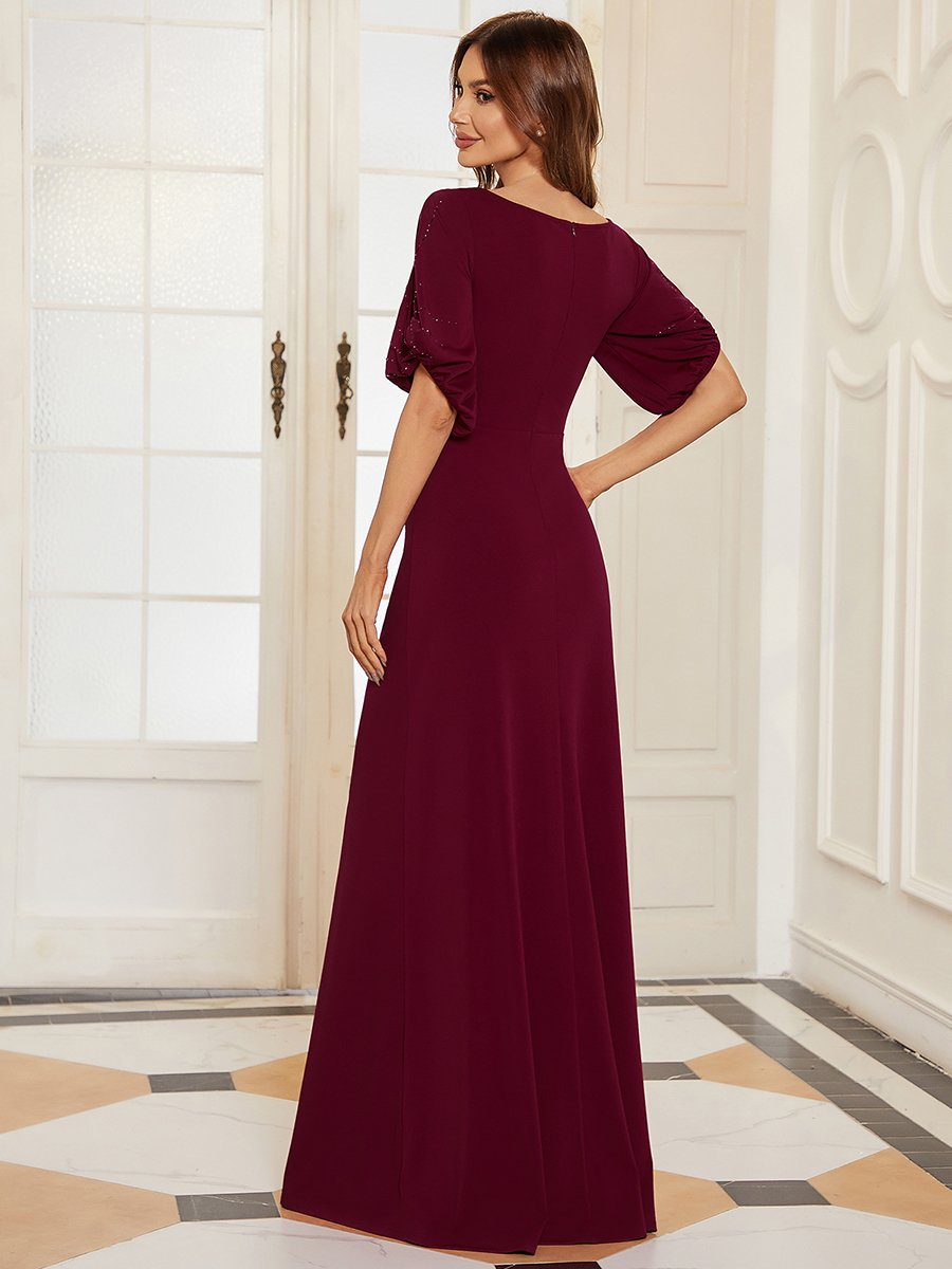 Color=Burgundy | Trendy Round Neck Floor Length Evening Dress For Women-Burgundy 2