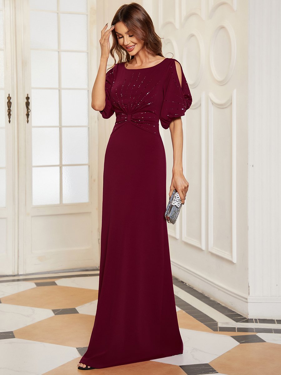 Color=Burgundy | Trendy Round Neck Floor Length Evening Dress For Women-Burgundy 3