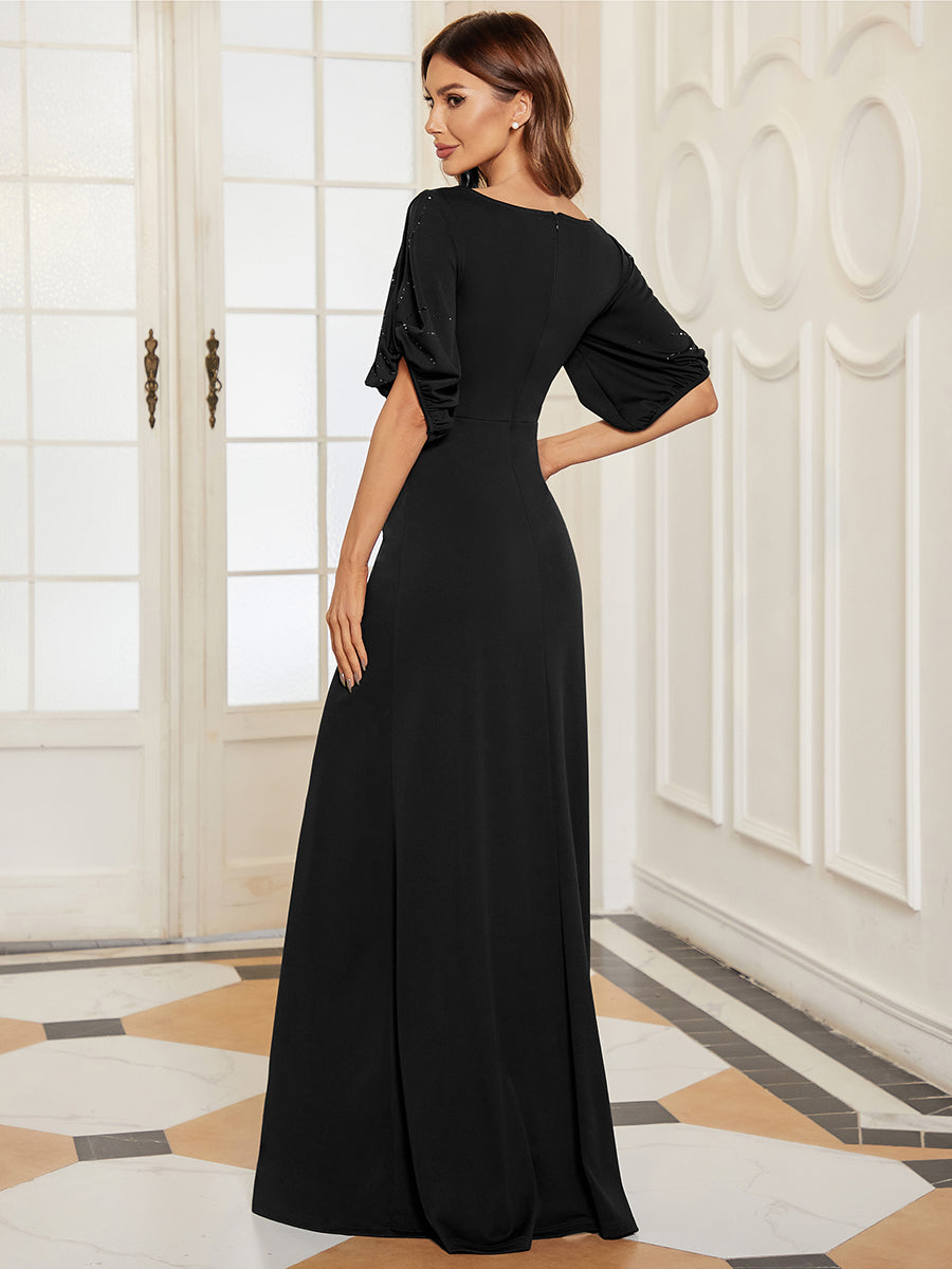 Color=Black | Trendy Round Neck Floor Length Evening Dress For Women-Black 2