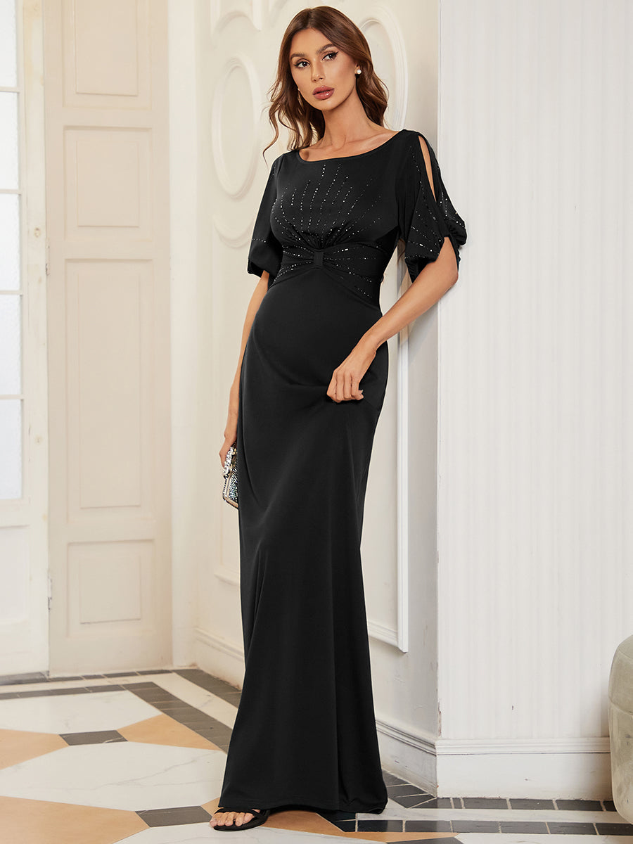 Color=Black | Trendy Round Neck Floor Length Evening Dress For Women-Black 3