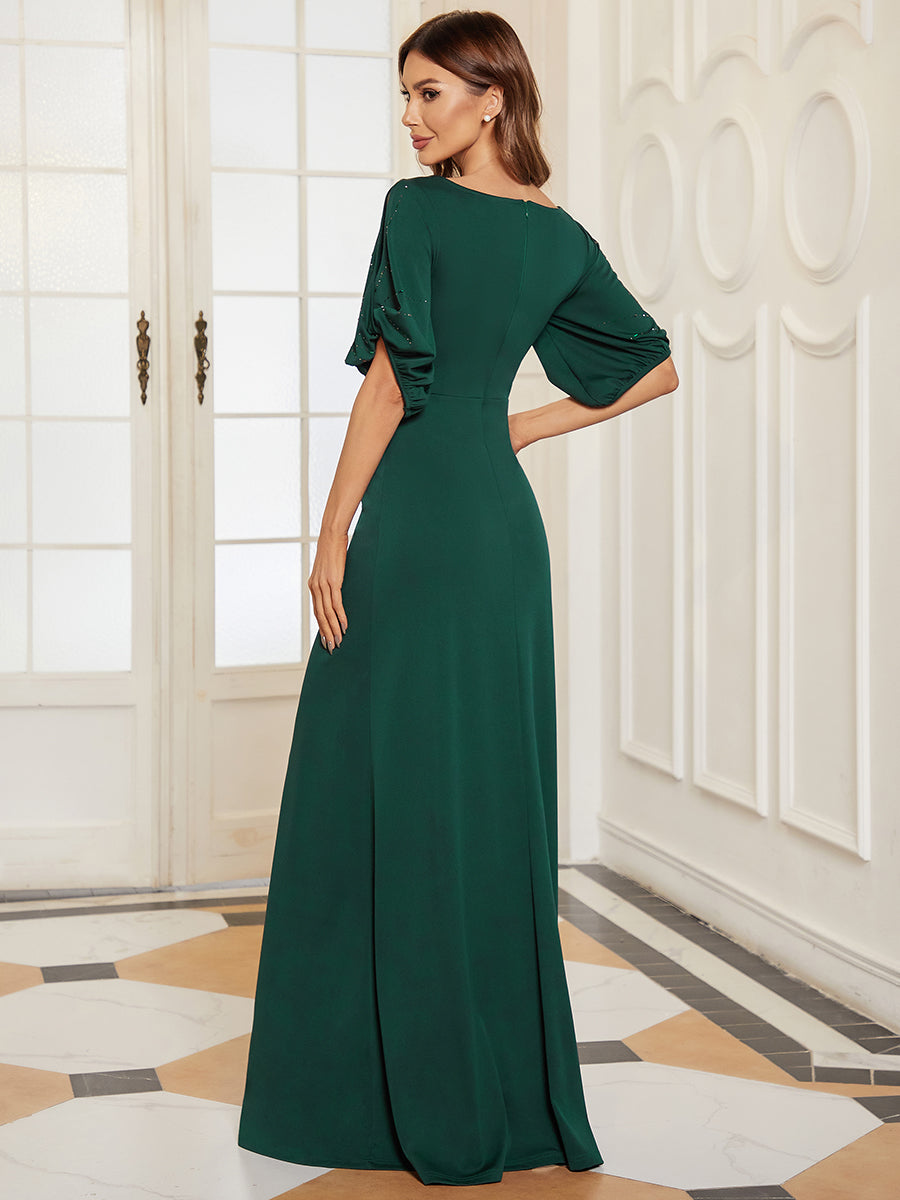 Color=Dark Green | Trendy Round Neck Floor Length Evening Dress For Women-Dark Green 2