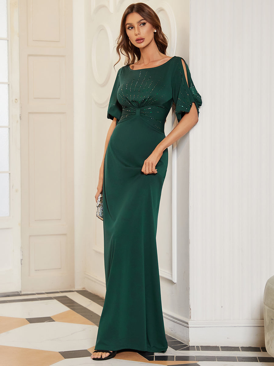 Color=Dark Green | Trendy Round Neck Floor Length Evening Dress For Women-Dark Green 3