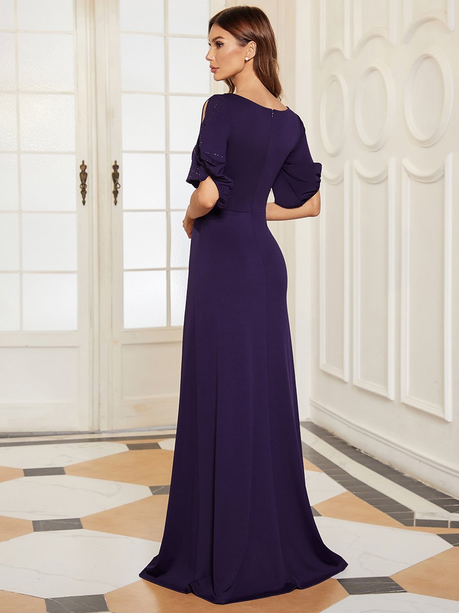 Color=Dark Purple | Trendy Round Neck Floor Length Evening Dress For Women-Dark Purple 2