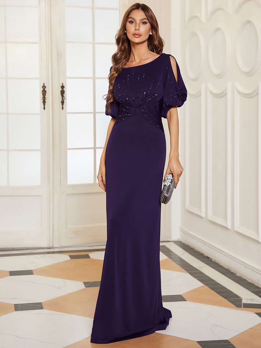 Color=Dark Purple | Trendy Round Neck Floor Length Evening Dress For Women-Dark Purple 1