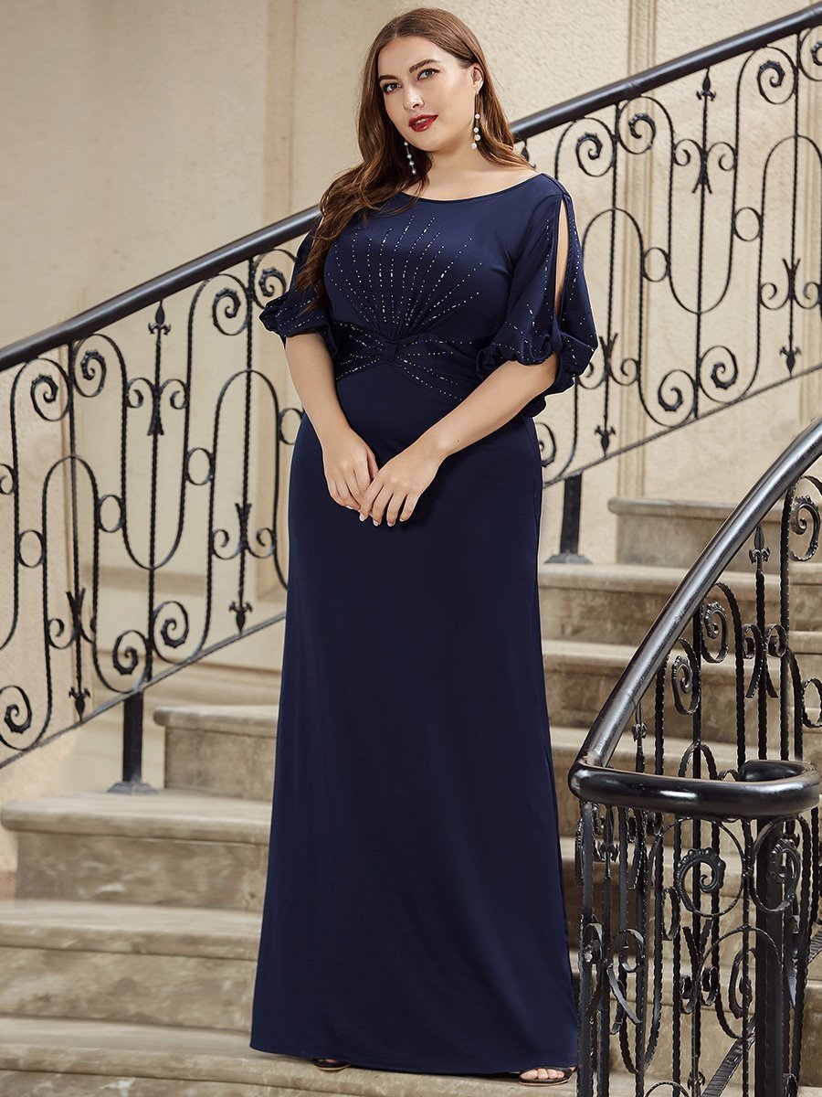 Color=Navy Blue | Trendy Round Neck Wholesale Floor Length Evening Dress-Navy Blue 10