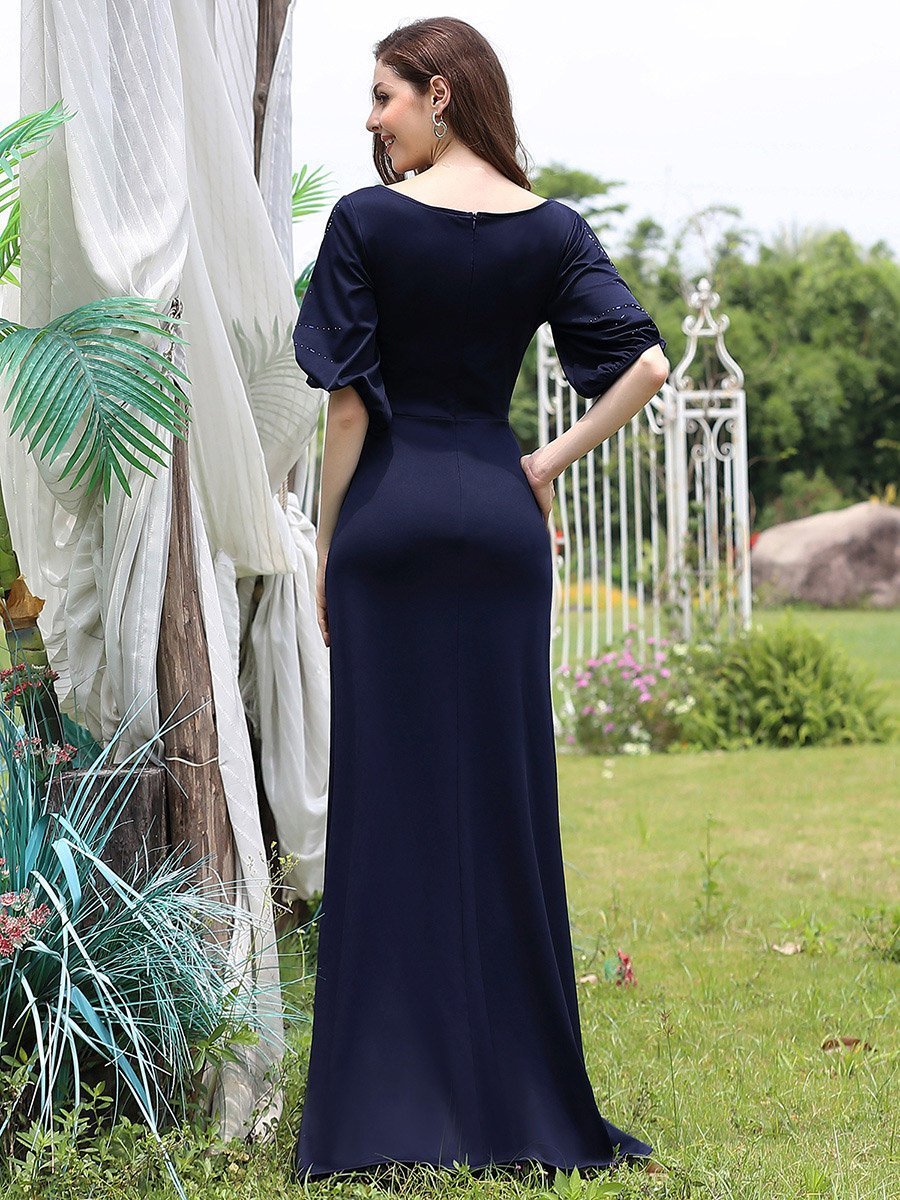 Color=Navy Blue | Trendy Round Neck Wholesale Floor Length Evening Dress-Navy Blue 10