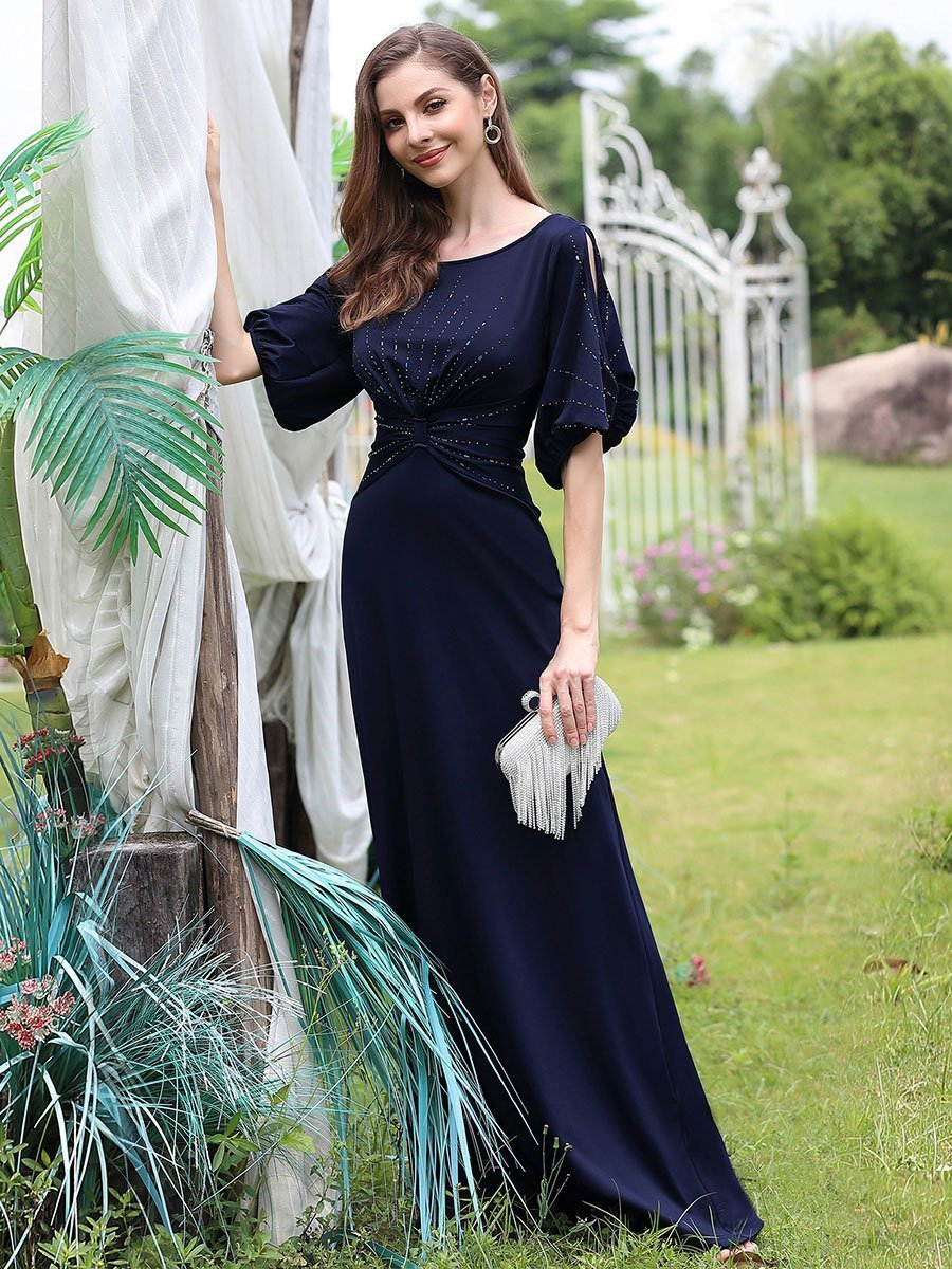 Color=Navy Blue | Trendy Round Neck Wholesale Floor Length Evening Dress-Navy Blue 10