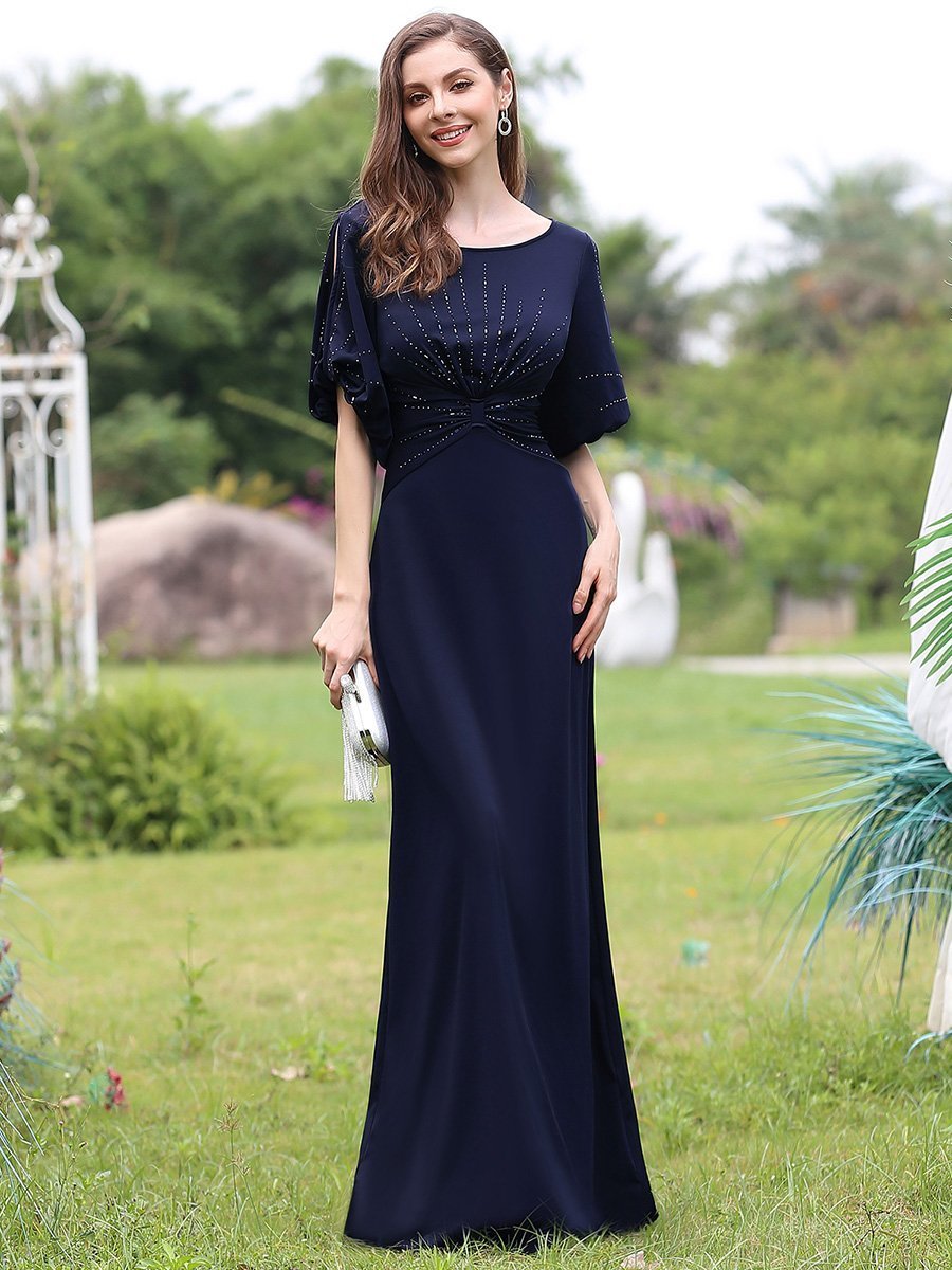 Color=Navy Blue | Trendy Round Neck Wholesale Floor Length Evening Dress-Navy Blue 10