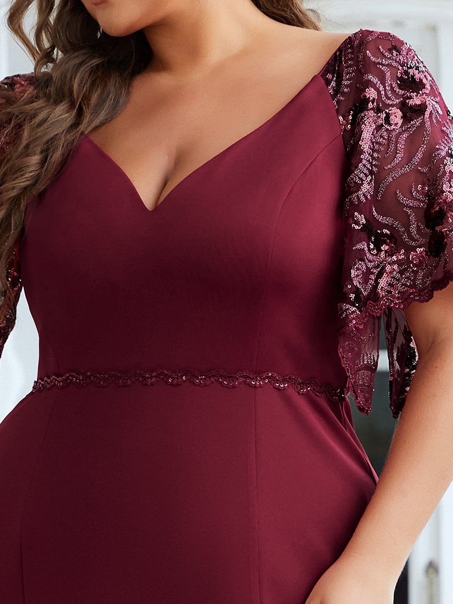 Color=Burgundy | Elegant Plus Size V Neck Fishtail Evening Dress Wholesale-Burgundy 5