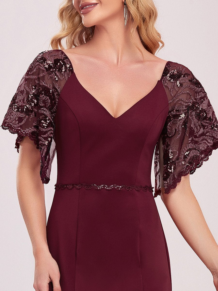 Color=Burgundy | Sexy Maxi V Neck Wholesale Party Dress With Flare Sleeves-Burgundy 5