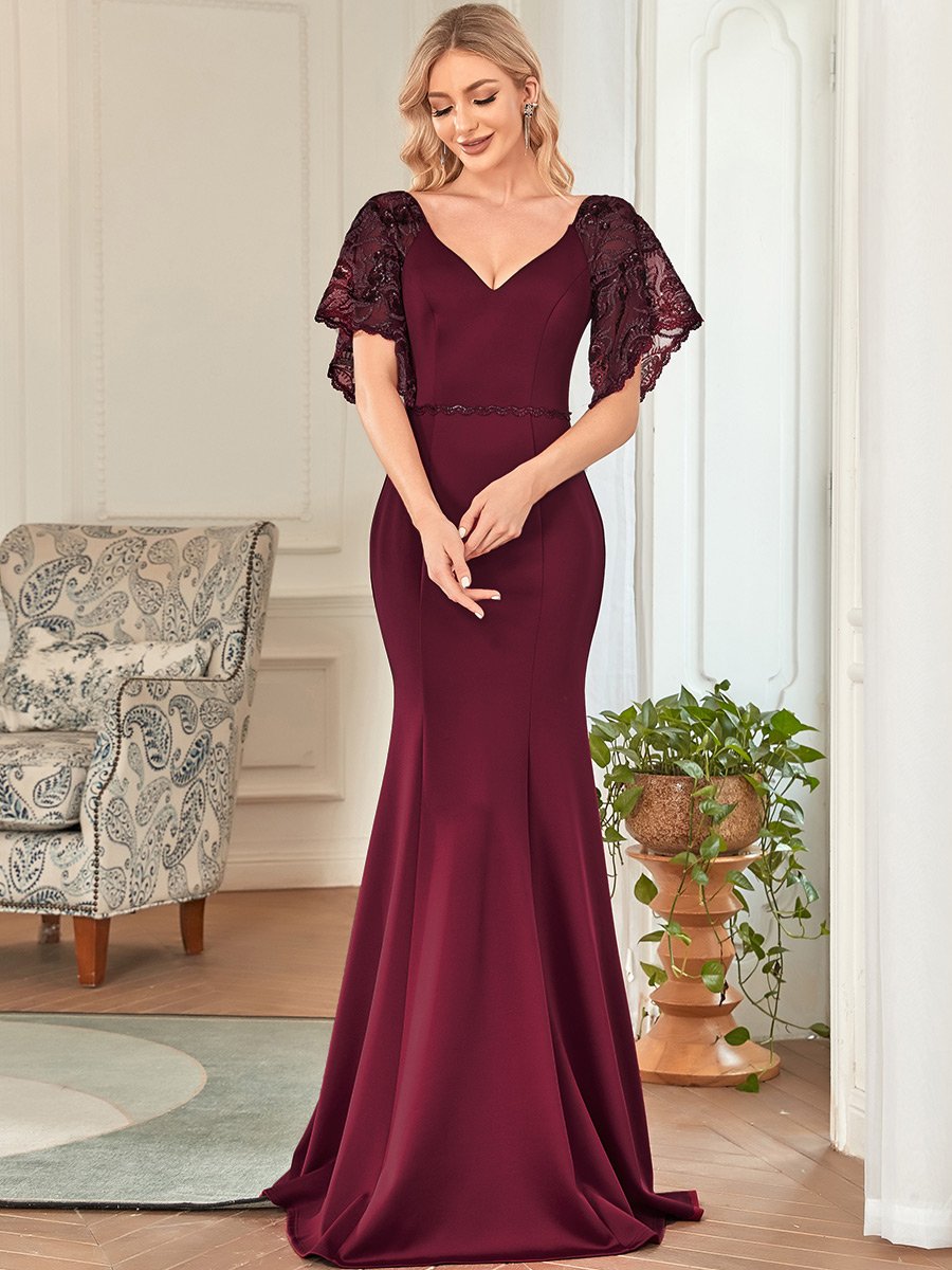 Color=Burgundy | Sexy Maxi V Neck Wholesale Party Dress With Flare Sleeves-Burgundy 1