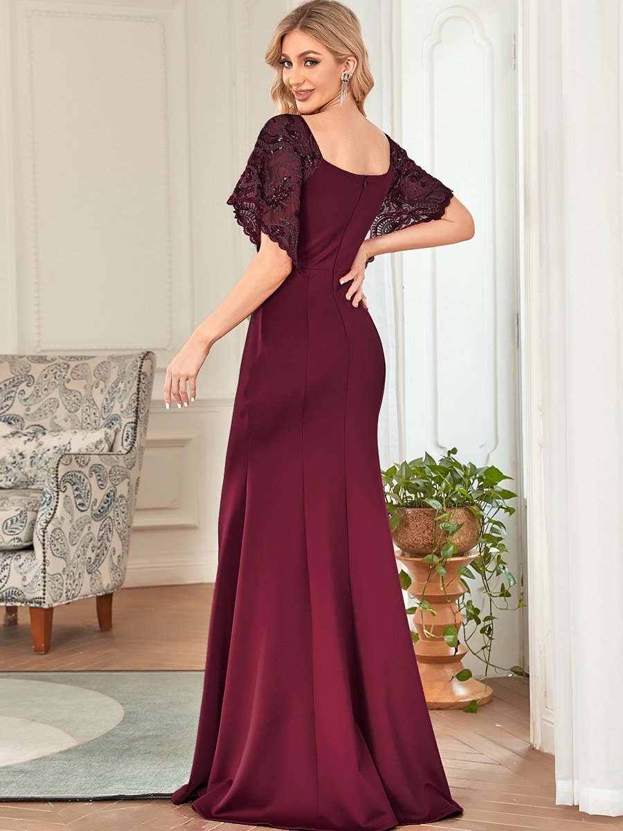 Color=Burgundy | Sexy Maxi V Neck Wholesale Party Dress With Flare Sleeves-Burgundy 2