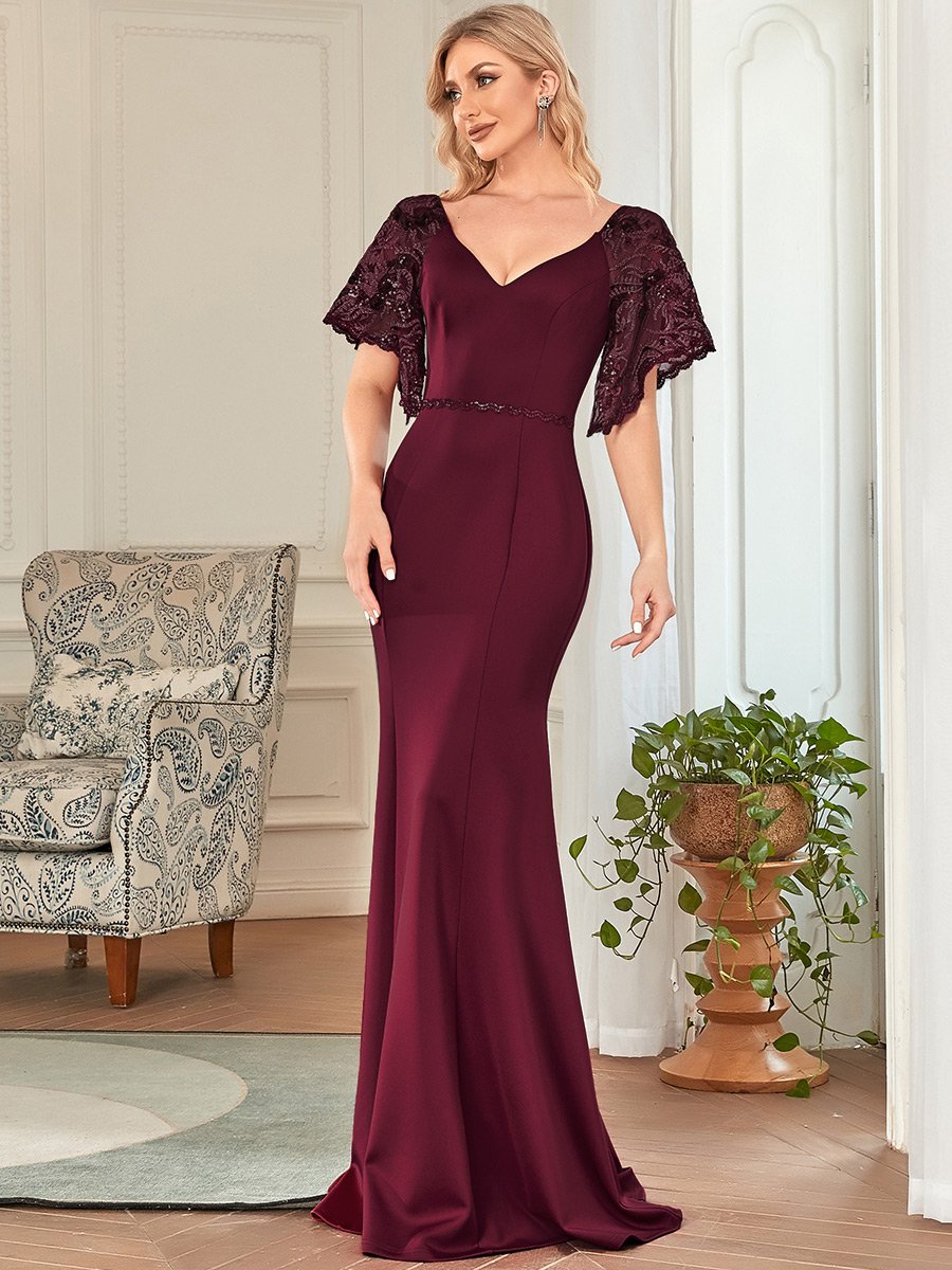 Color=Burgundy | Sexy Maxi V Neck Wholesale Party Dress With Flare Sleeves-Burgundy 3
