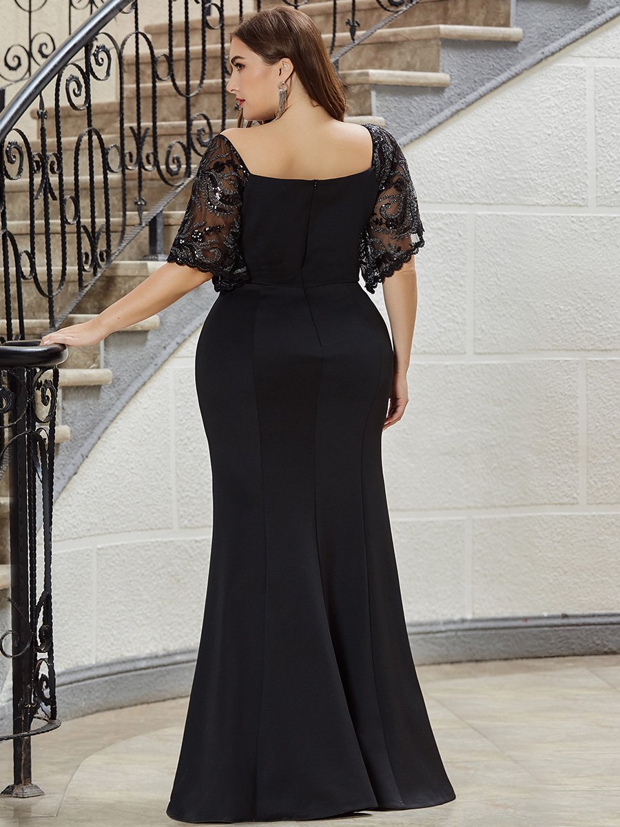Color=Black | Elegant Plus Size V Neck Fishtail Evening Dress Wholesale-Black 2