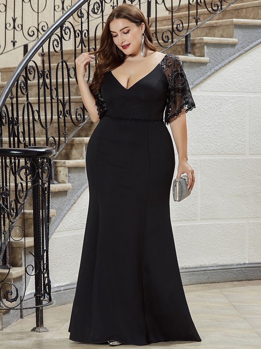 Color=Black | Elegant Plus Size V Neck Fishtail Evening Dress Wholesale-Black 3