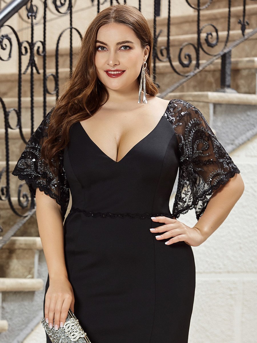 Color=Black | Elegant Plus Size V Neck Fishtail Evening Dress Wholesale-Black 5