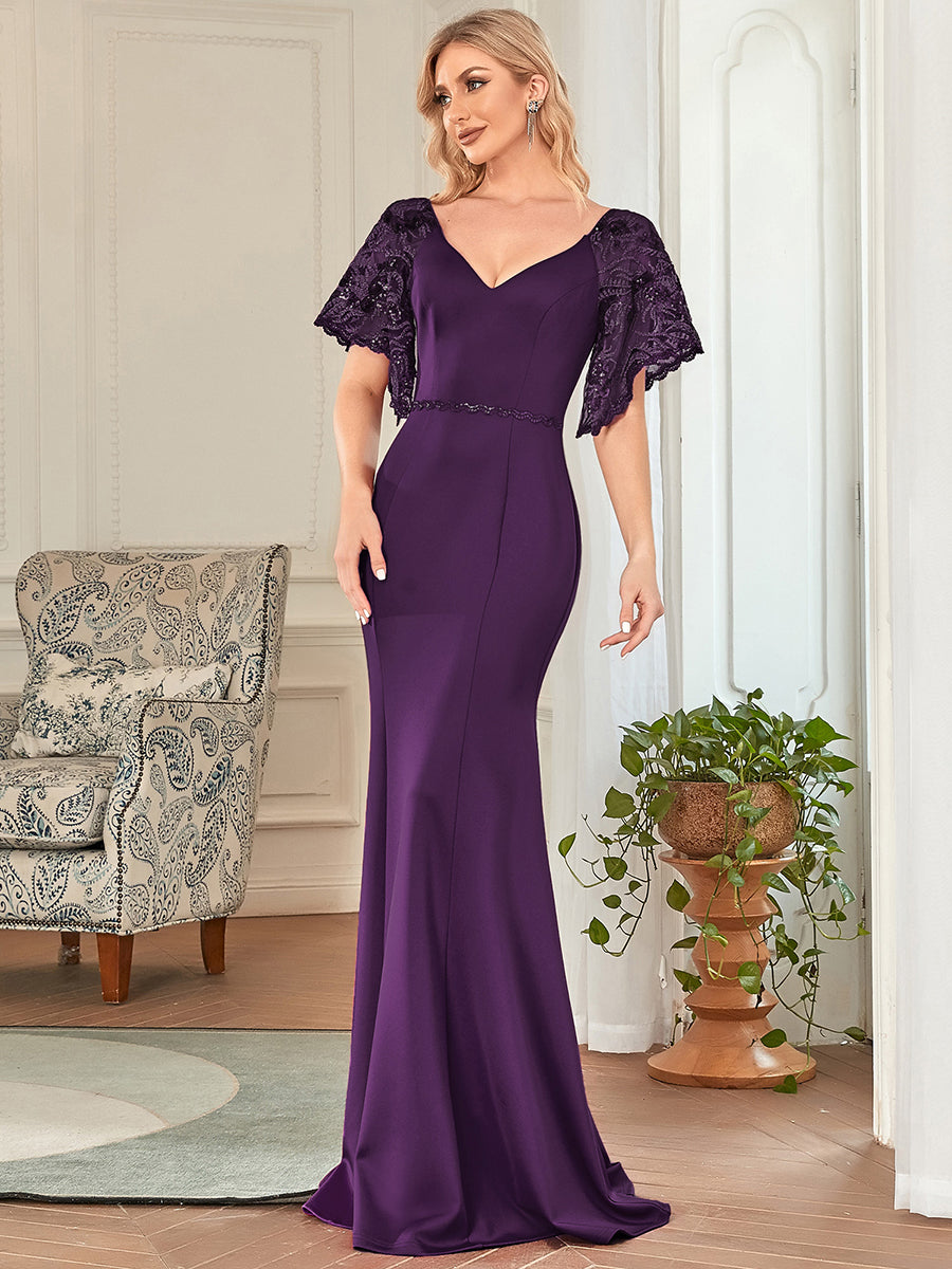 Color=Dark Purple | Sexy Maxi Long Deep V Neck Wholesale Party Dress With Flare Sleeves-Dark Purple 4