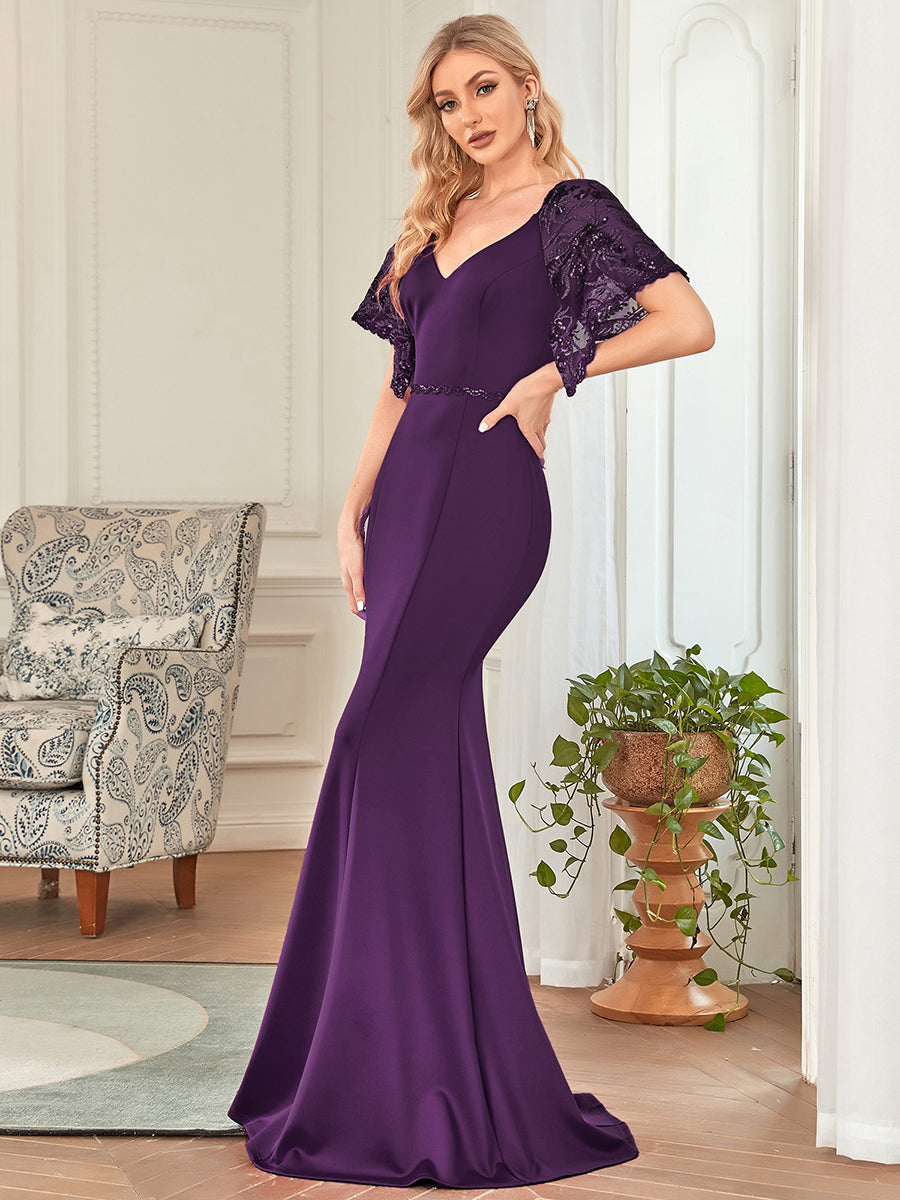 Color=Dark Purple | Sexy Maxi Long Deep V Neck Wholesale Party Dress With Flare Sleeves-Dark Purple 1