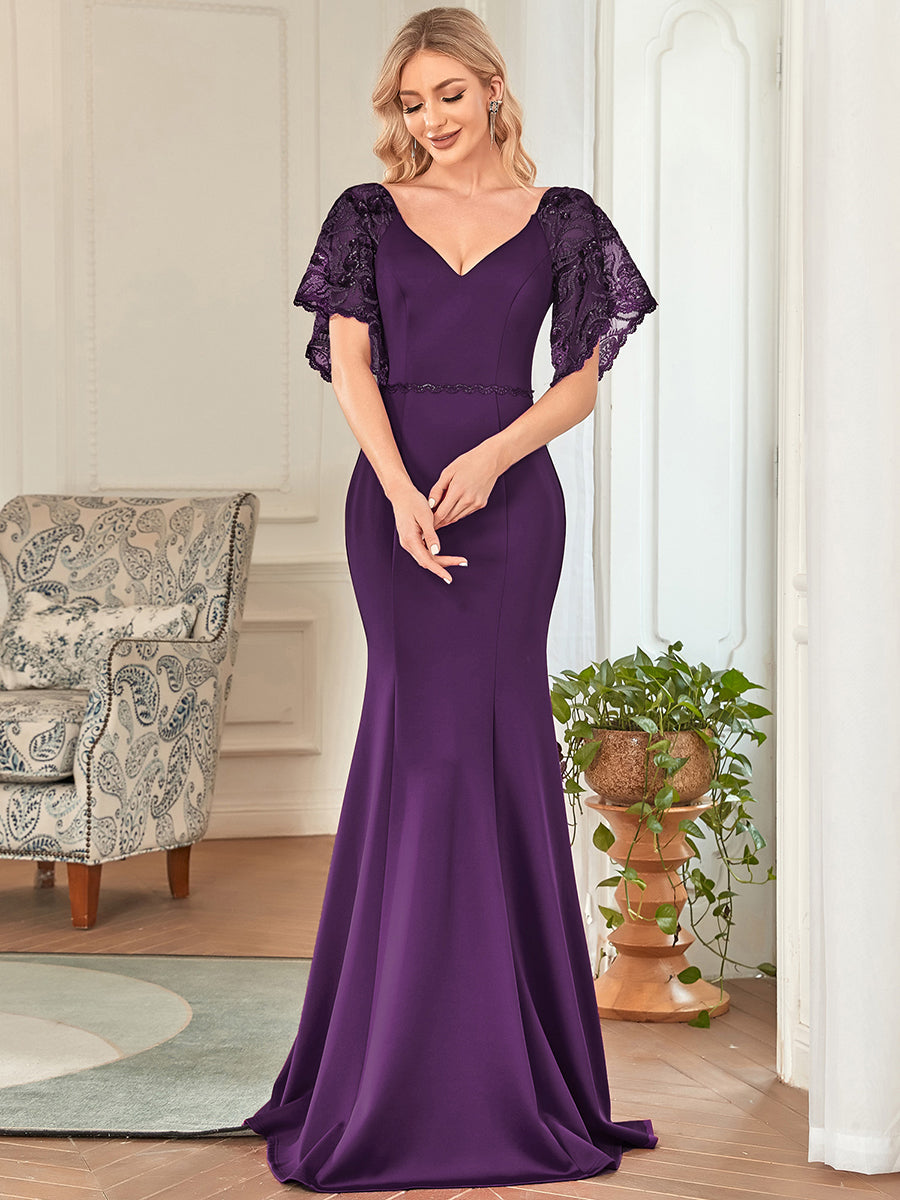 Color=Dark Purple | Sexy Maxi Long Deep V Neck Wholesale Party Dress With Flare Sleeves-Dark Purple 3