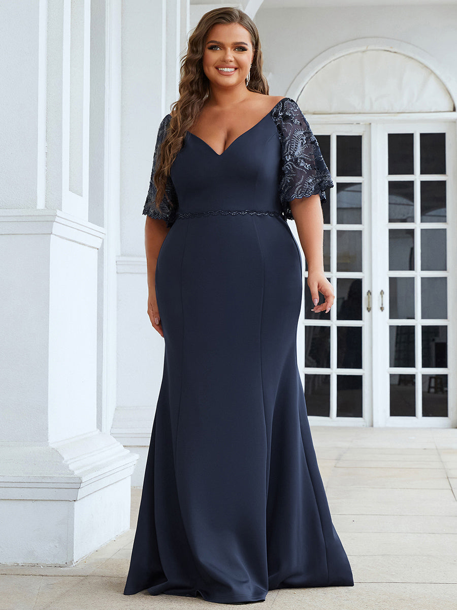 Color=Navy Blue | Elegant Plus Size V Neck Fishtail Evening Dress Wholesale-Navy Blue 1