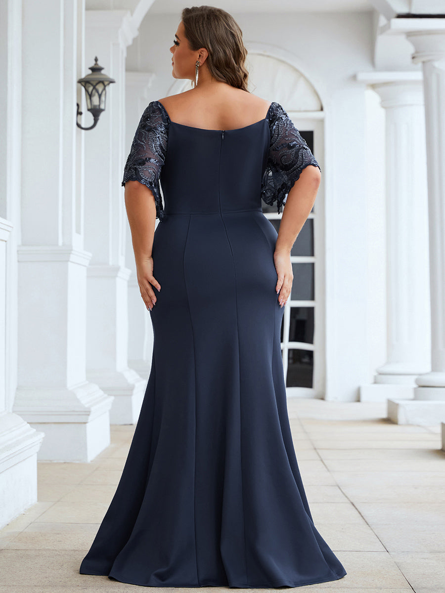 Color=Navy Blue | Elegant Plus Size V Neck Fishtail Evening Dress Wholesale-Navy Blue 2