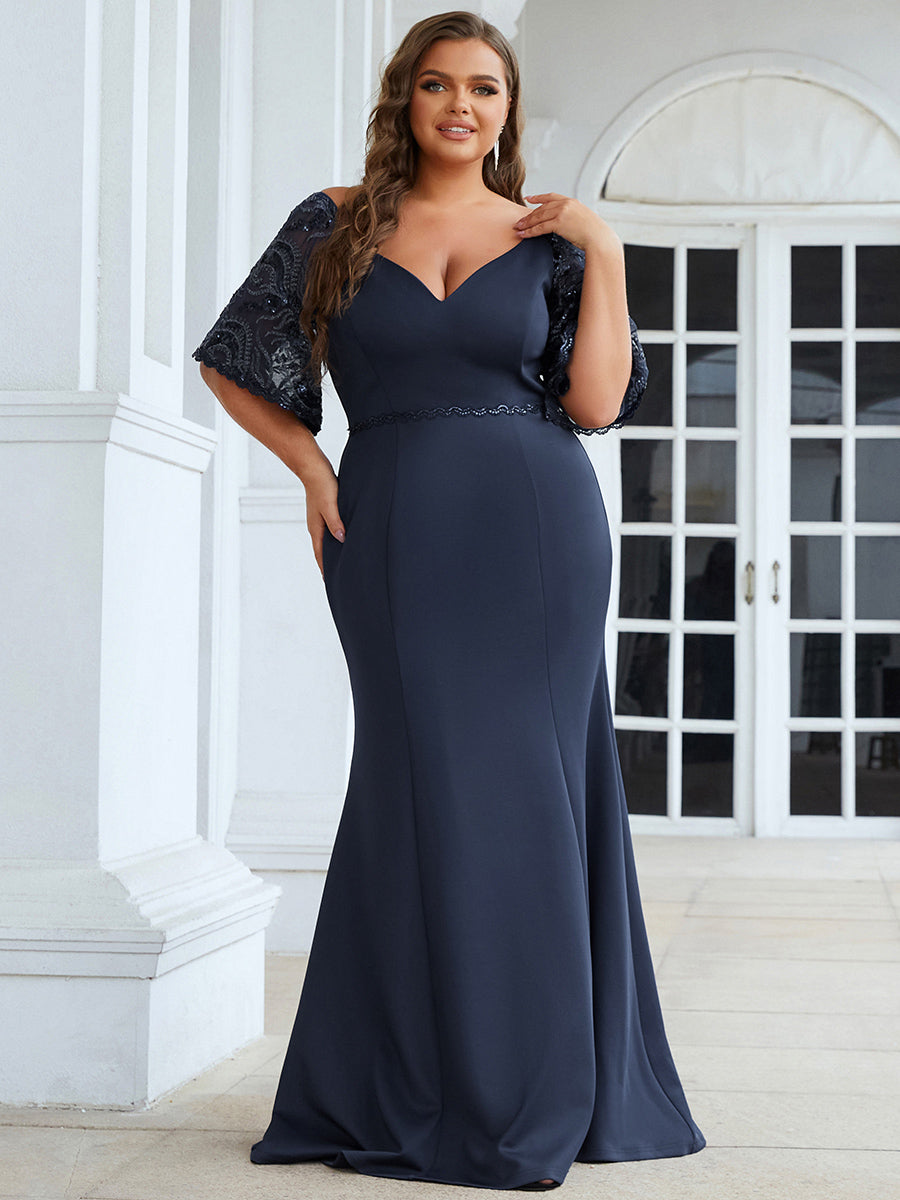 Color=Navy Blue | Elegant Plus Size V Neck Fishtail Evening Dress Wholesale-Navy Blue 4