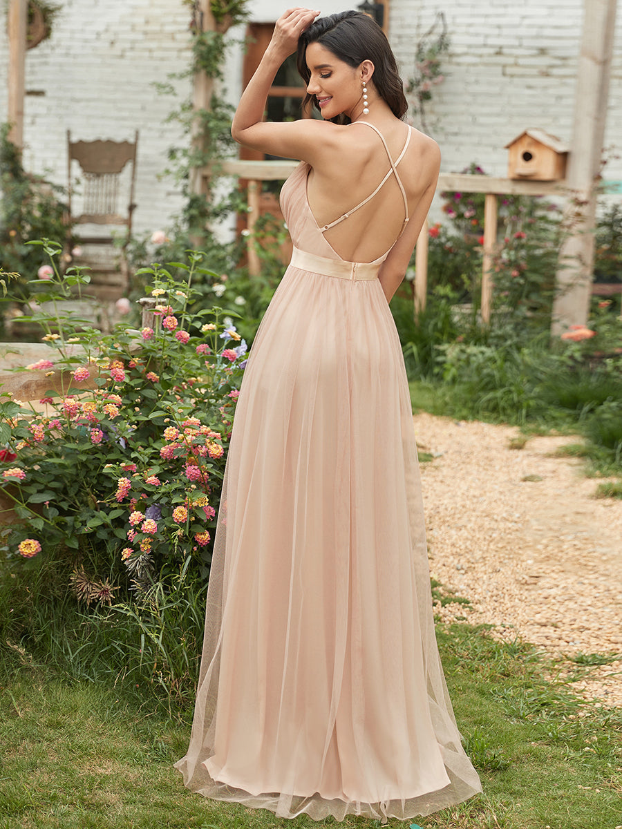 Color=Blush | Sexy Floor Length Deep V-Neck A-Line Tulle Backless Evening Dresses-Blush 2