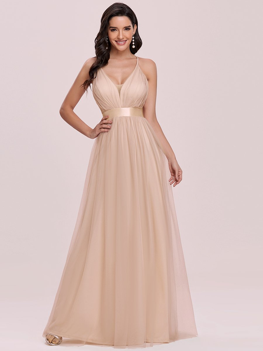 Color=Blush | Sexy Floor Length Deep V-Neck A-Line Tulle Backless Evening Dresses-Blush 5