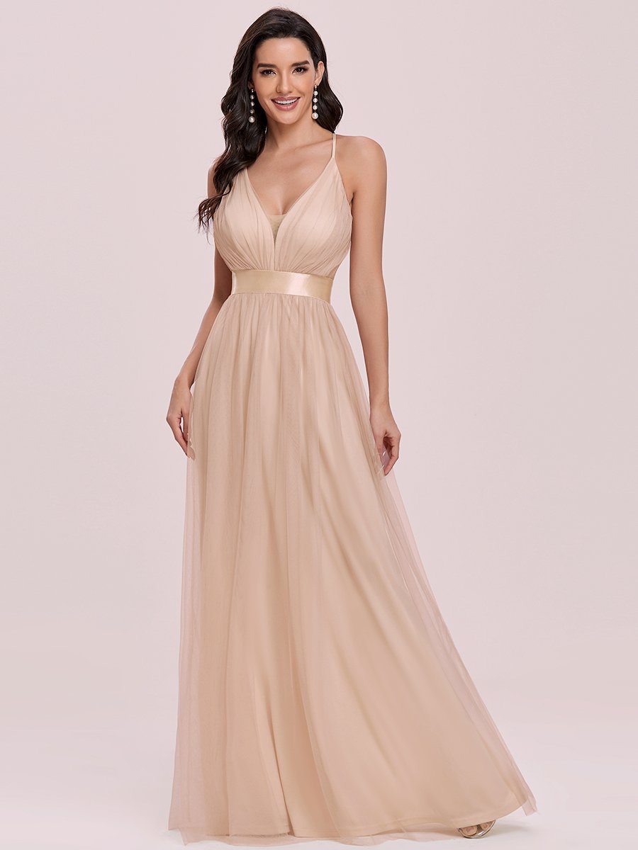 Color=Blush | Sexy Floor Length Deep V-Neck A-Line Tulle Backless Evening Dresses-Blush 4