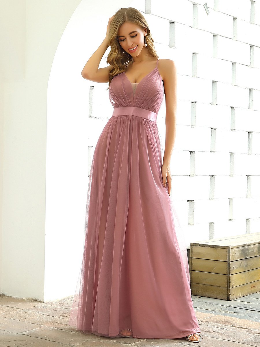 Color=Orchid | Sexy Floor Length Deep V-Neck A-Line Tulle Backless Evening Dresses-Orchid 3