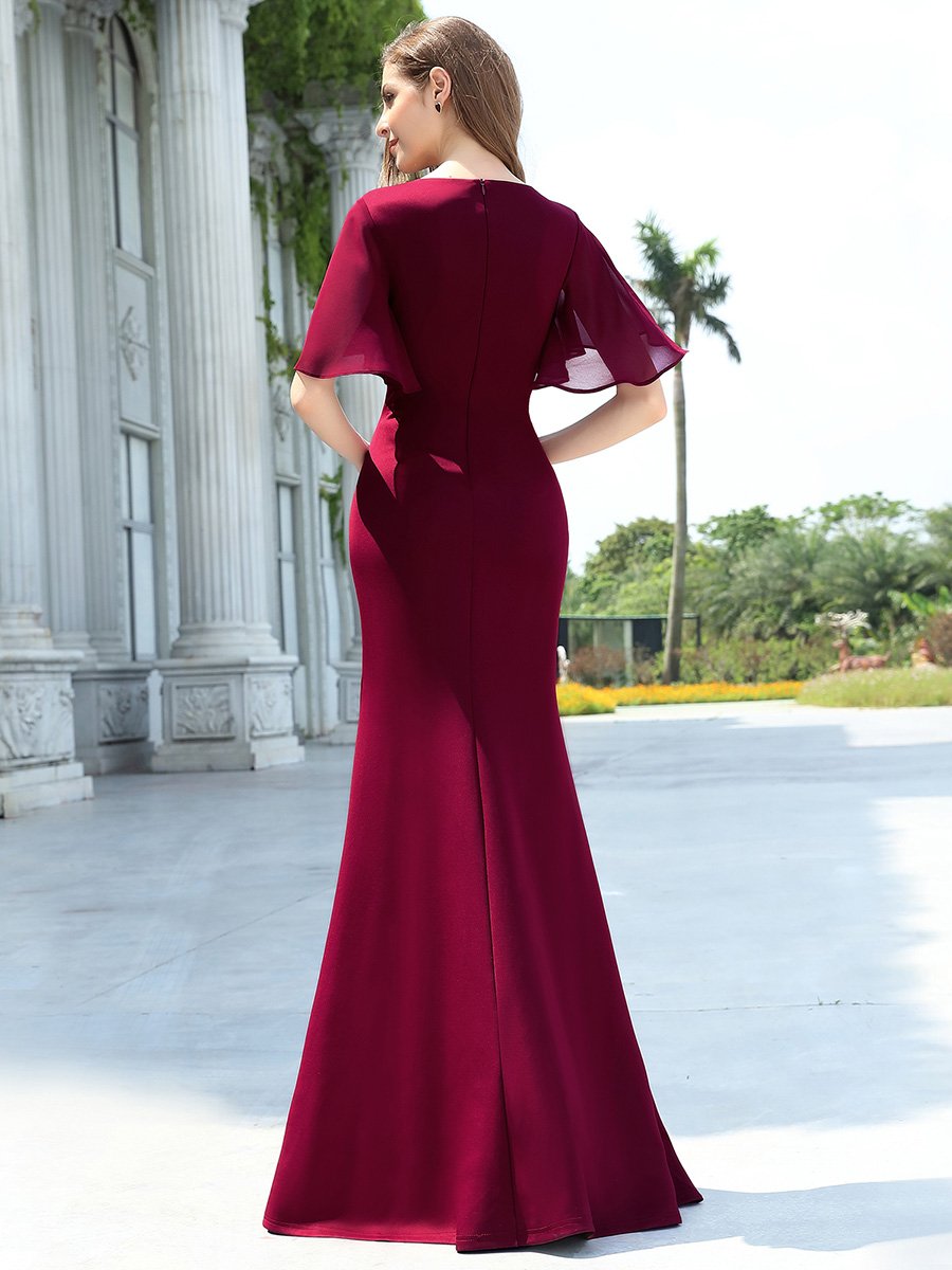 Color=Burgundy | Elegant Floor Length Deep V-Neck Mermaid Evening Dresses-Burgundy 2