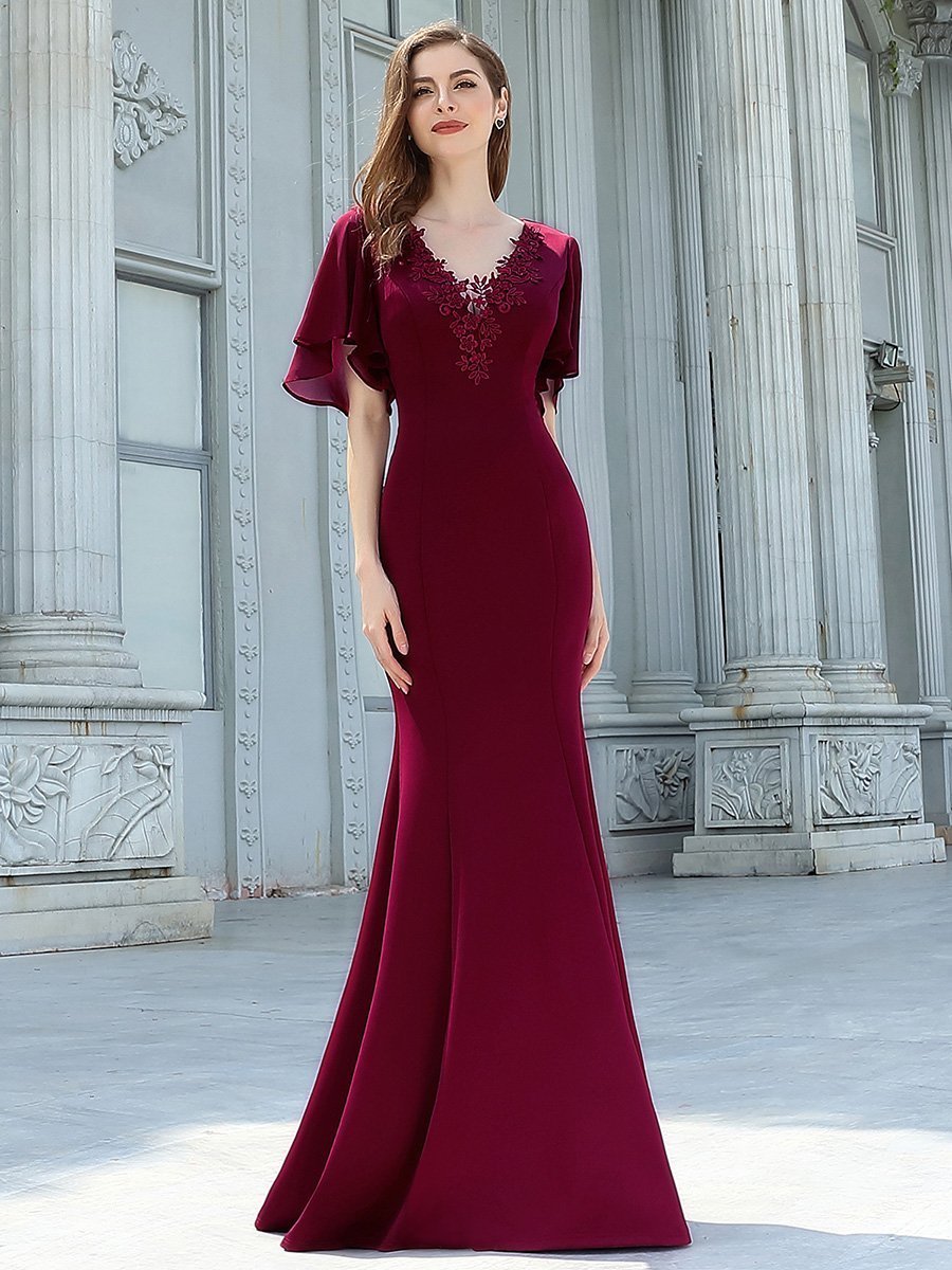 Color=Burgundy | Elegant Floor Length Deep V-Neck Mermaid Evening Dresses-Burgundy 3