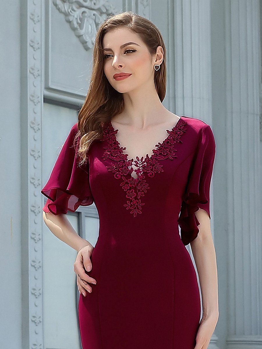 Color=Burgundy | Elegant Floor Length Deep V-Neck Mermaid Evening Dresses-Burgundy 5