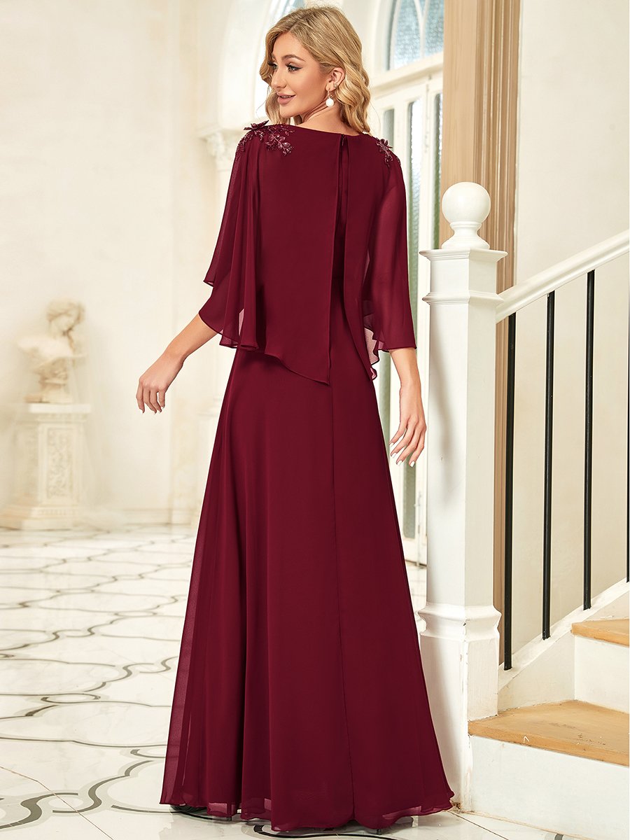 Color=Burgundy | Women'S V Neck Chiffon Bridesmaid Dresses With Wraps-Burgundy 2
