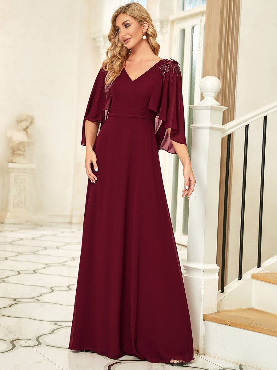 Color=Burgundy | Women'S V Neck Chiffon Bridesmaid Dresses With Wraps-Burgundy 3