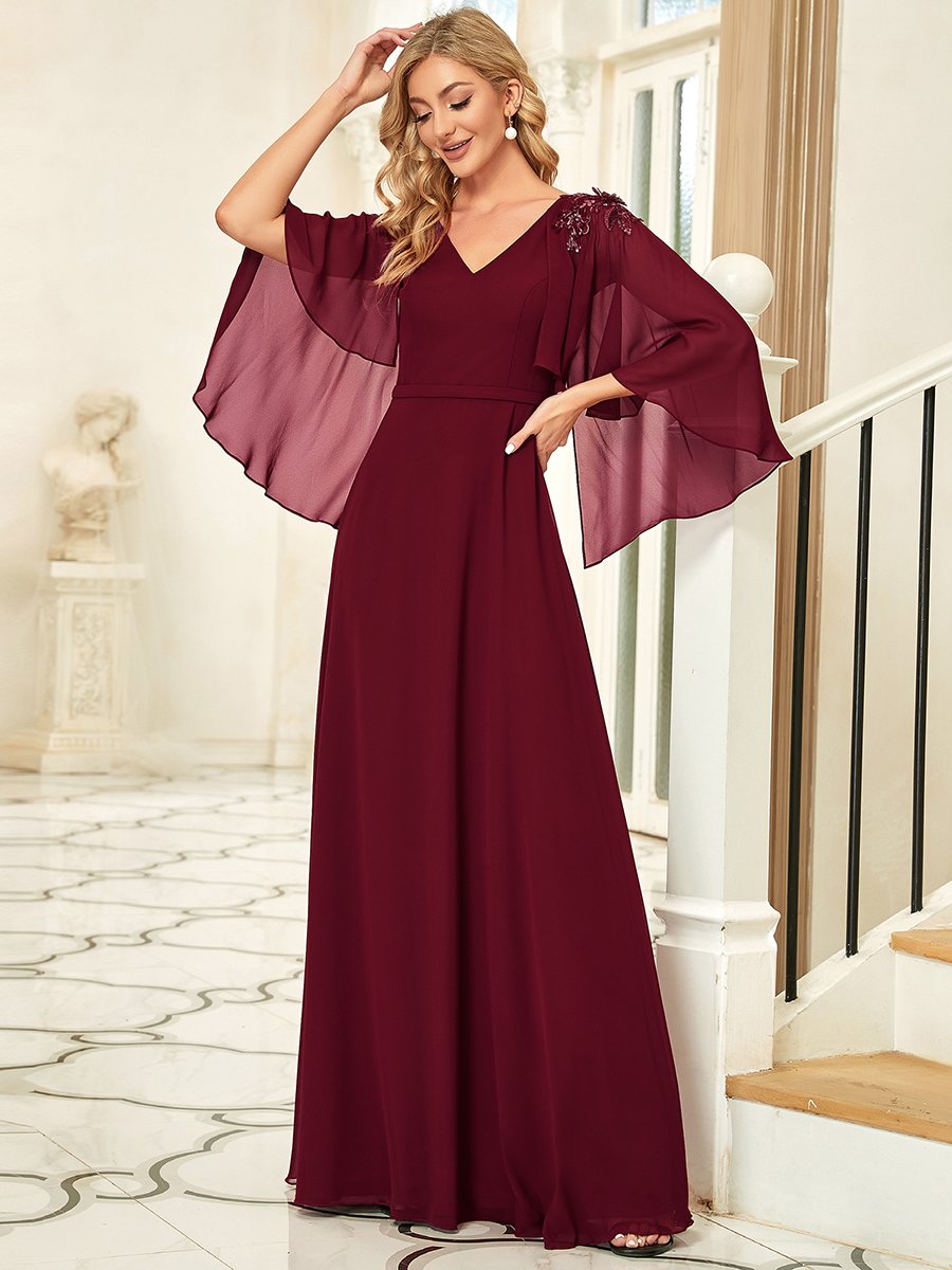 Color=Burgundy | Women'S V Neck Chiffon Bridesmaid Dresses With Wraps-Burgundy 1