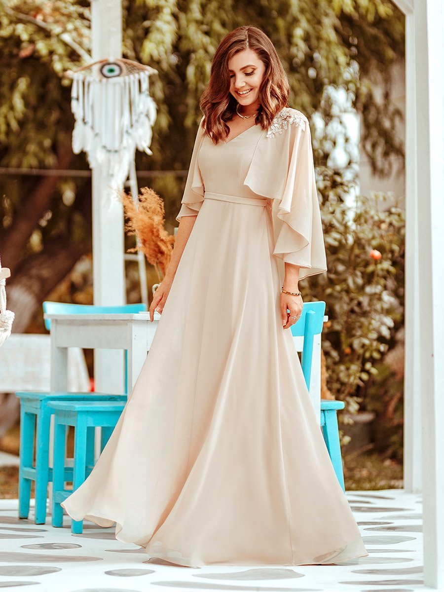 Color=Blush | Women'S V Neck Chiffon Bridesmaid Dresses With Wraps-Blush 1