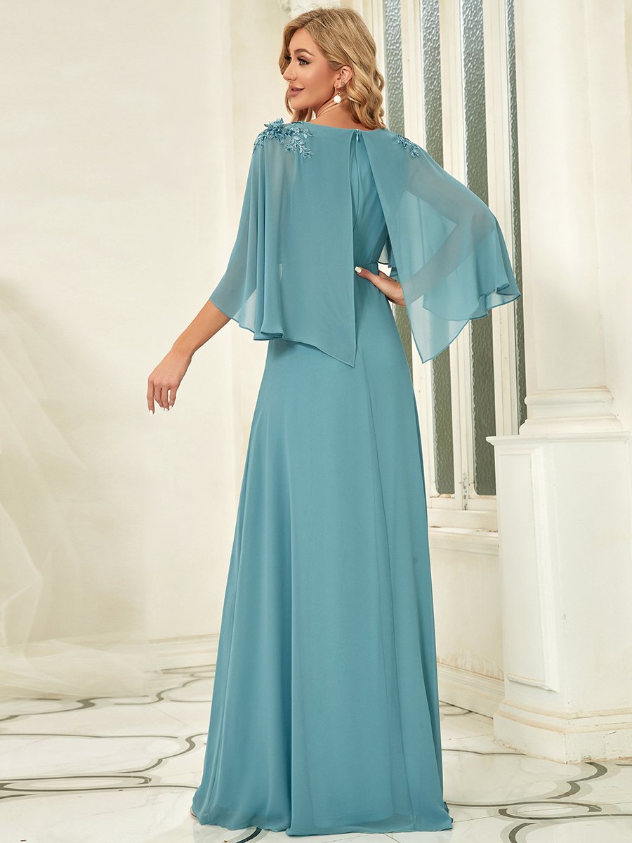Color=Dusty blue | Women'S V Neck Chiffon Bridesmaid Dresses With Wraps-Dusty blue 2