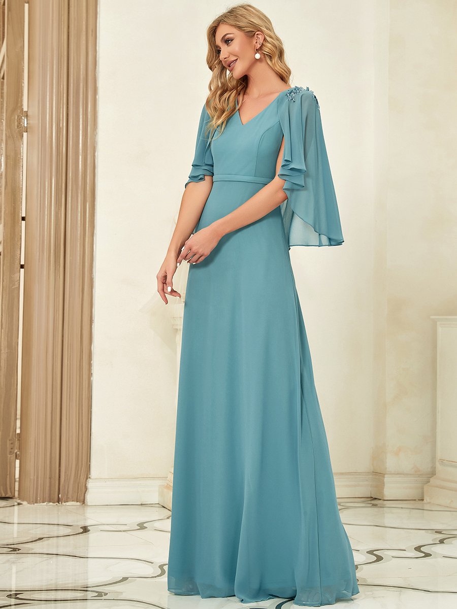 Color=Dusty blue | Women'S V Neck Chiffon Bridesmaid Dresses With Wraps-Dusty blue 3