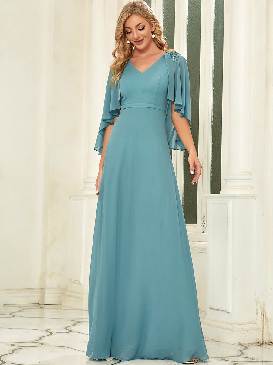 Color=Dusty blue | Women'S V Neck Chiffon Bridesmaid Dresses With Wraps-Dusty blue 4