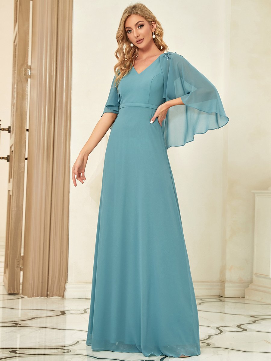 Color=Dusty blue | Women'S V Neck Chiffon Bridesmaid Dresses With Wraps-Dusty blue 1
