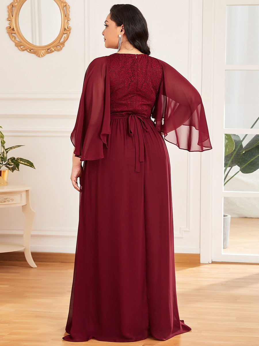 Color=Burgundy | Women'S Wholesale Deep V Neck Plus Size Evening Dress With Lace-Burgundy 2