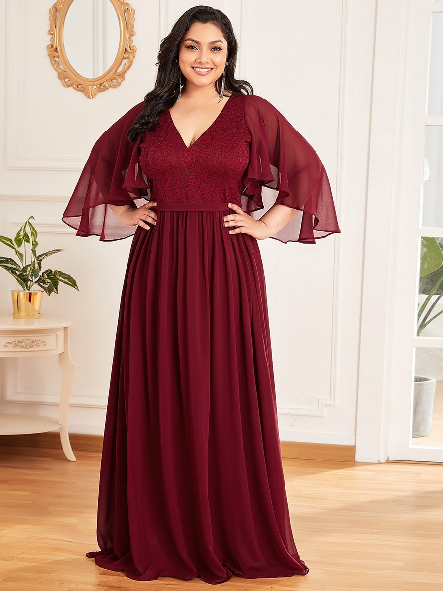 Color=Burgundy | Women'S Wholesale Deep V Neck Plus Size Evening Dress With Lace-Burgundy 3