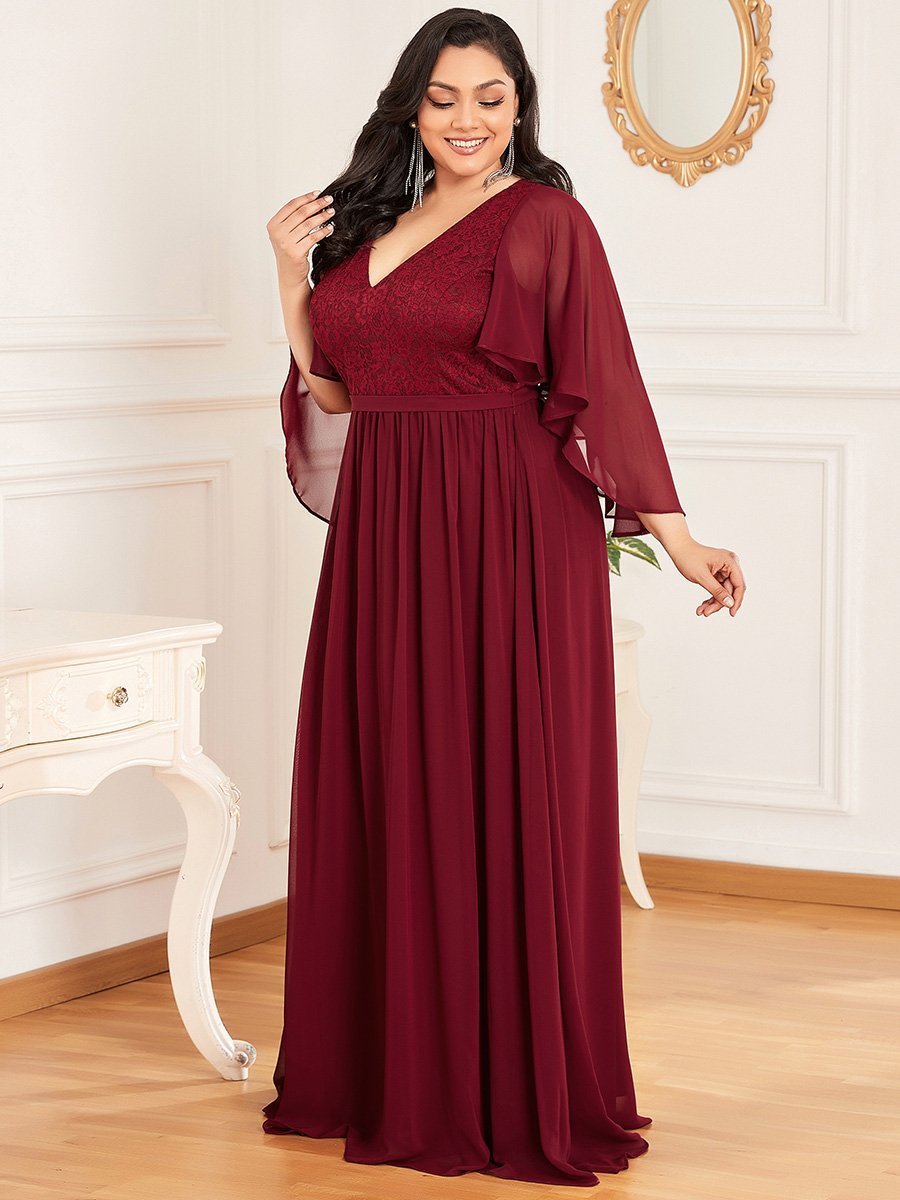 Color=Burgundy | Women'S Wholesale Deep V Neck Plus Size Evening Dress With Lace-Burgundy 4