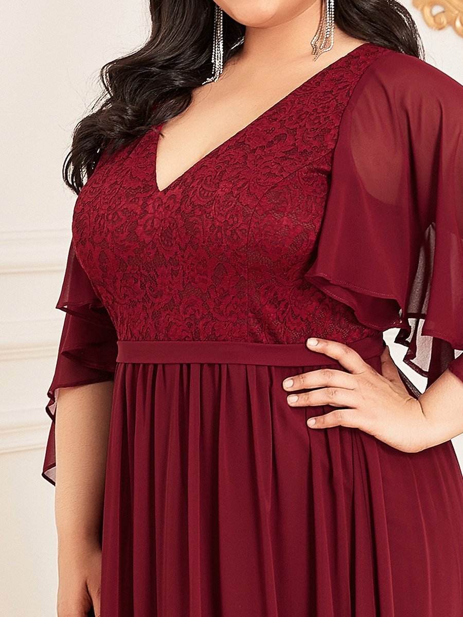 Color=Burgundy | Women'S Wholesale Deep V Neck Plus Size Evening Dress With Lace-Burgundy 5