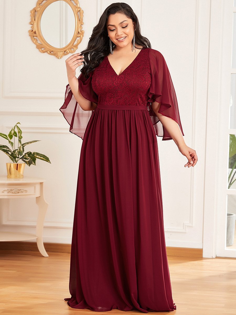 Color=Burgundy | Women'S Wholesale Deep V Neck Plus Size Evening Dress With Lace-Burgundy 1