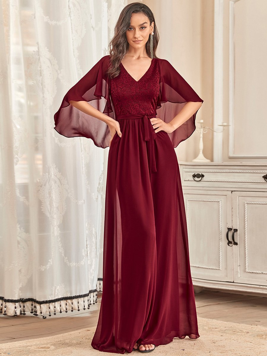 Color=Burgundy | Women'S Wholesale Deep V Neck Plus Size Evening Dress With Lace-Burgundy 1