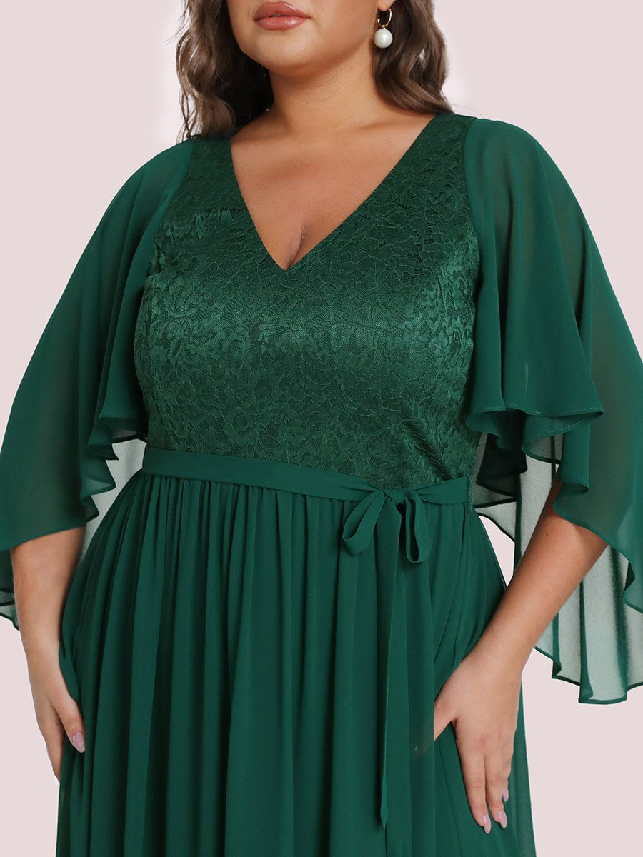 Color=Dark Green | Women'S Wholesale Deep V Neck Plus Size Evening Dress With Lace-Dark Green 5